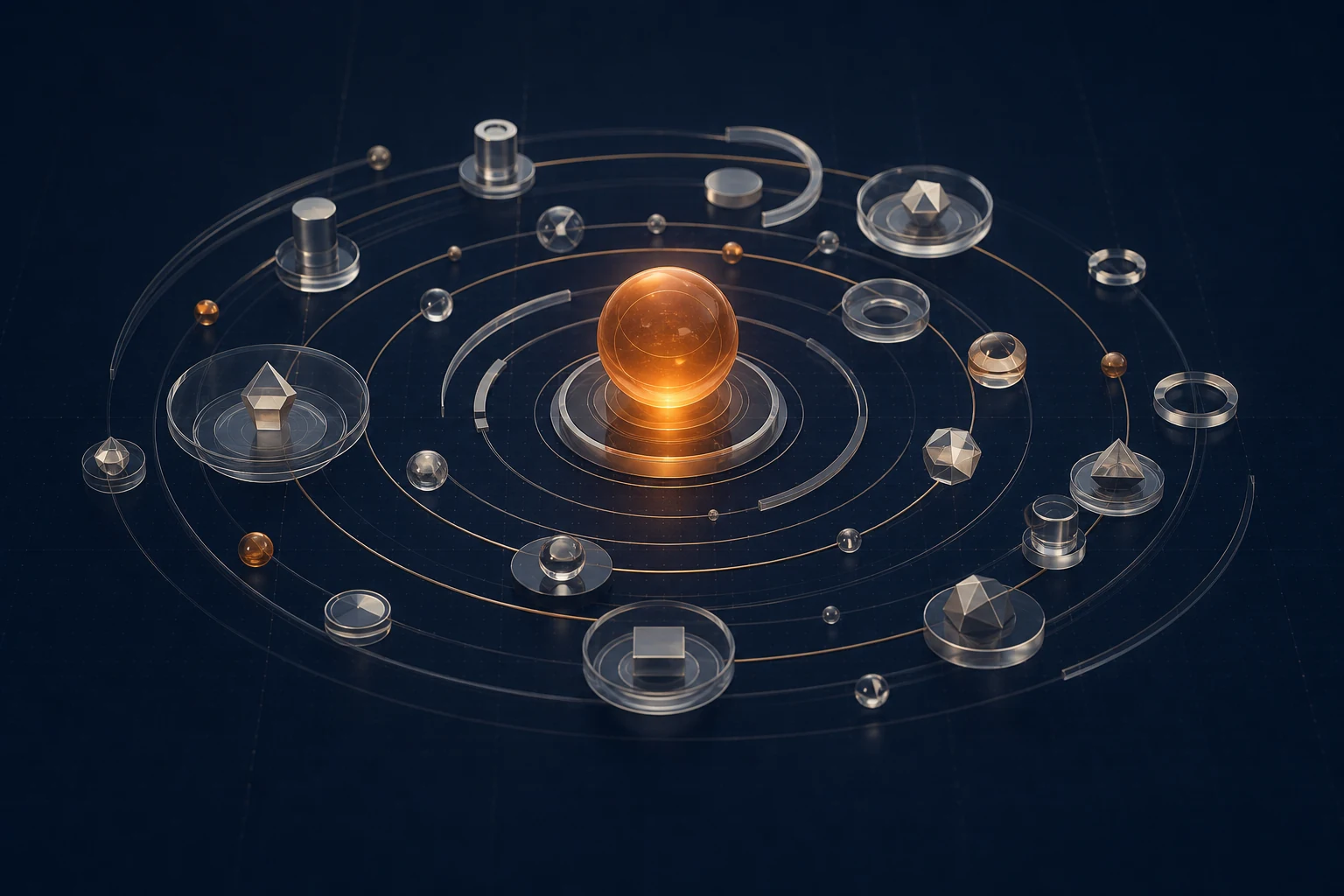 Abstract constellation of distinct holdings aligned around one cohesive operating view.