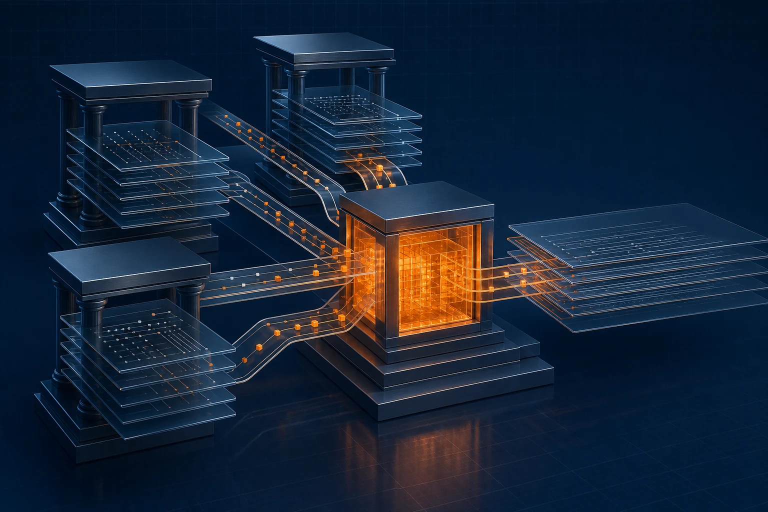 Abstract glass ledger planes converging into one trusted institutional data core.