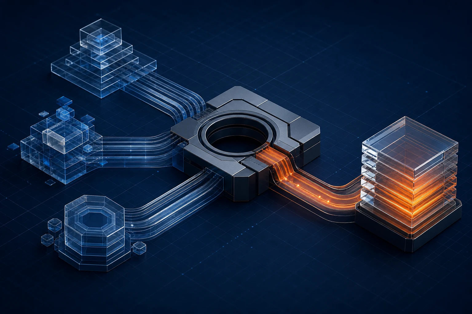 Abstract fund pathways moving through one precise reconciled operating core.