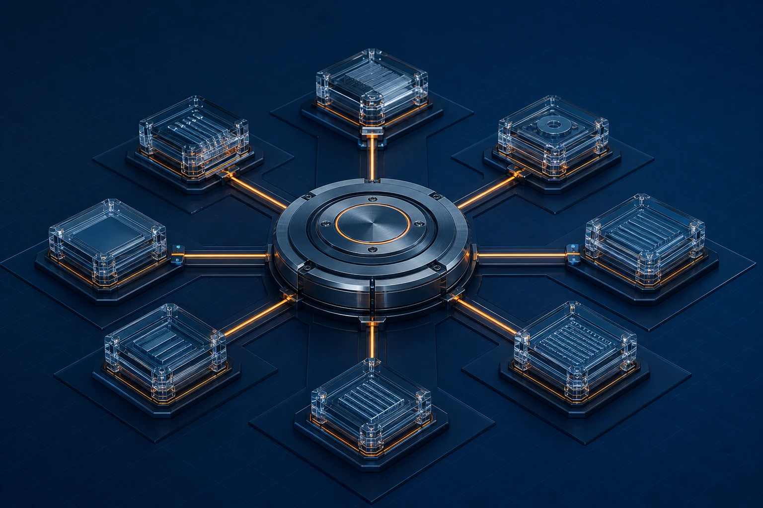 Abstract modular service network connected through one dependable operating hub.